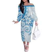 Polynesian Pattern With Plumeria Flowers Family Matching Off The Shoulder Long Sleeve Dress and Hawaiian Shirt Blue