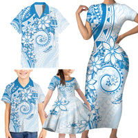 Polynesian Pattern With Plumeria Flowers Family Matching Short Sleeve Bodycon Dress and Hawaiian Shirt Blue LT05 - Polynesian Pride