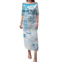 Polynesian Pattern With Plumeria Flowers Puletasi Blue LT05 Long Dress Blue - Polynesian Pride
