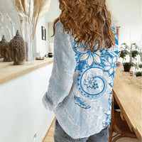 Polynesian Pattern With Plumeria Flowers Women Casual Shirt Blue LT05 - Polynesian Pride