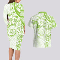 Polynesian Pattern With Plumeria Flowers Couples Matching Long Sleeve Bodycon Dress and Hawaiian Shirt Lime Green