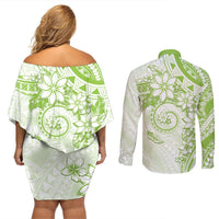 Polynesian Pattern With Plumeria Flowers Couples Matching Off Shoulder Short Dress and Long Sleeve Button Shirt Lime Green