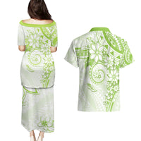 Polynesian Pattern With Plumeria Flowers Couples Matching Puletasi and Hawaiian Shirt Lime Green