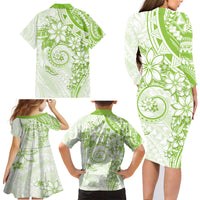 Polynesian Pattern With Plumeria Flowers Family Matching Long Sleeve Bodycon Dress and Hawaiian Shirt Lime Green