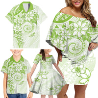 Polynesian Pattern With Plumeria Flowers Family Matching Off Shoulder Short Dress and Hawaiian Shirt Lime Green LT05 - Polynesian Pride