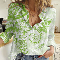 Polynesian Pattern With Plumeria Flowers Women Casual Shirt Lime Green LT05 Female Lime Green - Polynesian Pride