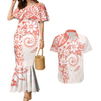 Polynesian Pattern With Plumeria Flowers Couples Matching Mermaid Dress and Hawaiian Shirt Orange Peach LT05 Peach - Polynesian Pride