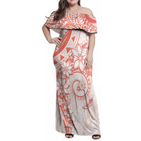 Polynesian Pattern With Plumeria Flowers Family Matching Off Shoulder Maxi Dress and Hawaiian Shirt Orange Peach LT05 Mom's Dress Peach - Polynesian Pride