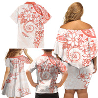 Polynesian Pattern With Plumeria Flowers Family Matching Off Shoulder Short Dress and Hawaiian Shirt Orange Peach LT05 - Polynesian Pride