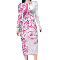 Polynesian Pattern With Plumeria Flowers Long Sleeve Bodycon Dress Pink
