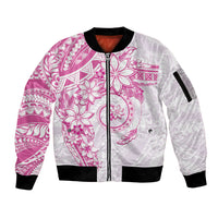 Polynesian Pattern With Plumeria Flowers Sleeve Zip Bomber Jacket Pink