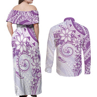 Polynesian Pattern With Plumeria Flowers Couples Matching Off Shoulder Maxi Dress and Long Sleeve Button Shirt Purple