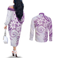 Polynesian Pattern With Plumeria Flowers Couples Matching Off The Shoulder Long Sleeve Dress and Long Sleeve Button Shirt Purple LT05 - Polynesian Pride