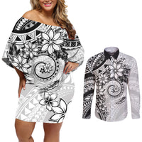 Polynesian Pattern With Plumeria Flowers Couples Matching Off Shoulder Short Dress and Long Sleeve Button Shirt White