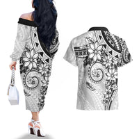 Polynesian Pattern With Plumeria Flowers Couples Matching Off The Shoulder Long Sleeve Dress and Hawaiian Shirt White