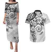 Polynesian Pattern With Plumeria Flowers Couples Matching Puletasi and Hawaiian Shirt White