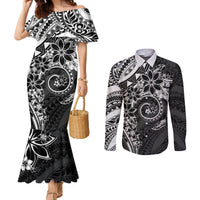Polynesian Pattern With Plumeria Flowers Couples Matching Mermaid Dress and Long Sleeve Button Shirt Black