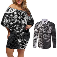 Polynesian Pattern With Plumeria Flowers Couples Matching Off Shoulder Short Dress and Long Sleeve Button Shirt Black