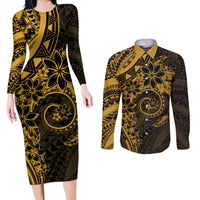 Polynesian Sunset Plumeria Couples Matching Long Sleeve Bodycon Dress and Long Sleeve Button Shirt Gold Polynesian Tattoo LT05 Gold - Polynesian Pride