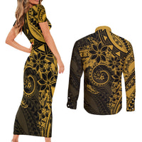 Polynesian Sunset Plumeria Couples Matching Short Sleeve Bodycon Dress and Long Sleeve Button Shirt Gold Polynesian Tattoo LT05 - Polynesian Pride