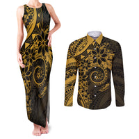 Polynesian Sunset Plumeria Couples Matching Tank Maxi Dress and Long Sleeve Button Shirt Gold Polynesian Tattoo LT05 Gold - Polynesian Pride