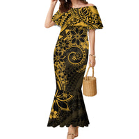Polynesian Sunset Plumeria Family Matching Mermaid Dress and Hawaiian Shirt Gold Polynesian Tattoo LT05 Mom's Dress Gold - Polynesian Pride