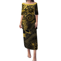 Polynesian Sunset Plumeria Family Matching Puletasi and Hawaiian Shirt Gold Polynesian Tattoo LT05 Mom's Dress Gold - Polynesian Pride