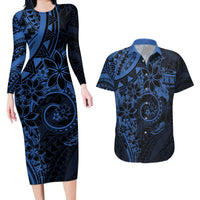Polynesian Sunset Plumeria Couples Matching Long Sleeve Bodycon Dress and Hawaiian Shirt Navy Polynesian Tattoo LT05 Navy - Polynesian Pride