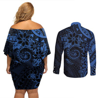 Polynesian Sunset Plumeria Couples Matching Off Shoulder Short Dress and Long Sleeve Button Shirt Navy Polynesian Tattoo