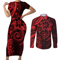 Polynesian Sunset Plumeria Couples Matching Short Sleeve Bodycon Dress and Long Sleeve Button Shirt Red Polynesian Tattoo LT05 Red - Polynesian Pride