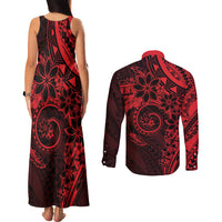Polynesian Sunset Plumeria Couples Matching Tank Maxi Dress and Long Sleeve Button Shirt Red Polynesian Tattoo