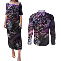 Polynesian Sunset Plumeria Couples Matching Puletasi and Long Sleeve Button Shirt Galaxy Polynesian Tattoo