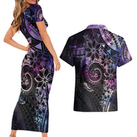 Polynesian Sunset Plumeria Couples Matching Short Sleeve Bodycon Dress and Hawaiian Shirt Galaxy Polynesian Tattoo
