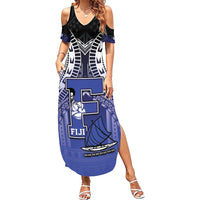 Custom Fiji Drua Summer Maxi Dress Fijian Tapa Pattern LT05 Women Blue - Polynesian Pride