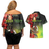 Aboriginal Dot Art Vanuatu Personalised Couples Matching Off Shoulder Short Dress and Hawaiian Shirt Tropical Flowers