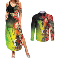 Aboriginal Dot Art Vanuatu Personalised Couples Matching Summer Maxi Dress and Long Sleeve Button Shirt Tropical Flowers