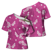 Hawaii Monstera Deliciosa Cross Shoulder Shirt Pink Plumeria Polynesian Pattern - Polynesian Pride