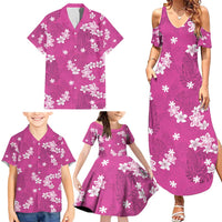 Hawaii Monstera Deliciosa Family Matching Summer Maxi Dress and Hawaiian Shirt Pink Plumeria Polynesian Pattern - Polynesian Pride