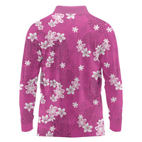 Hawaii Monstera Deliciosa Long Sleeve Polo Shirt Pink Plumeria Polynesian Pattern - Polynesian Pride