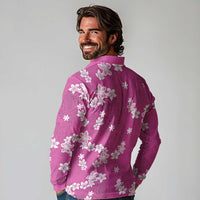 Hawaii Monstera Deliciosa Long Sleeve Polo Shirt Pink Plumeria Polynesian Pattern - Polynesian Pride