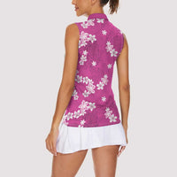 Hawaii Monstera Deliciosa Women Sleeveless Polo Shirt Pink Plumeria Polynesian Pattern - Polynesian Pride