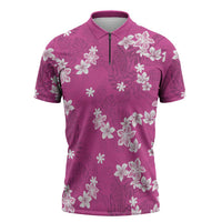 Hawaii Monstera Deliciosa Zipper Polo Shirt Pink Plumeria Polynesian Pattern - Polynesian Pride