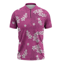 Hawaii Monstera Deliciosa Zipper Polo Shirt Pink Plumeria Polynesian Pattern - Polynesian Pride