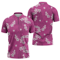 Hawaii Monstera Deliciosa Zipper Polo Shirt Pink Plumeria Polynesian Pattern - Polynesian Pride