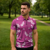 Hawaii Monstera Deliciosa Zipper Polo Shirt Pink Plumeria Polynesian Pattern - Polynesian Pride