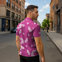 Hawaii Monstera Deliciosa Zipper Polo Shirt Pink Plumeria Polynesian Pattern - Polynesian Pride