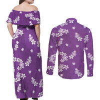 Hawaii Monstera Deliciosa Couples Matching Off Shoulder Maxi Dress and Long Sleeve Button Shirt Purple Plumeria Polynesian Pattern - Polynesian Pride