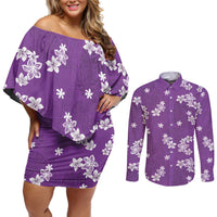 Hawaii Monstera Deliciosa Couples Matching Off Shoulder Short Dress and Long Sleeve Button Shirt Purple Plumeria Polynesian Pattern - Polynesian Pride