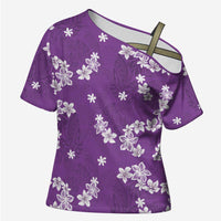 Hawaii Monstera Deliciosa Cross Shoulder Shirt Purple Plumeria Polynesian Pattern - Polynesian Pride