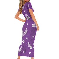 Hawaii Monstera Deliciosa Short Sleeve Bodycon Dress Purple Plumeria Polynesian Pattern - Polynesian Pride